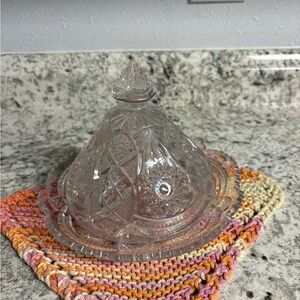 Vintage Cut Glass Round Covered Butter Cheese Dish Pressed Glass